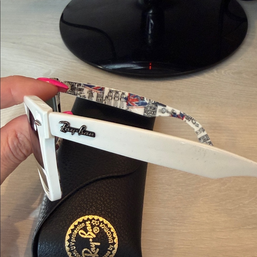 Ray-Ban White Wayfarer Sunglasses with London Print on Inside
